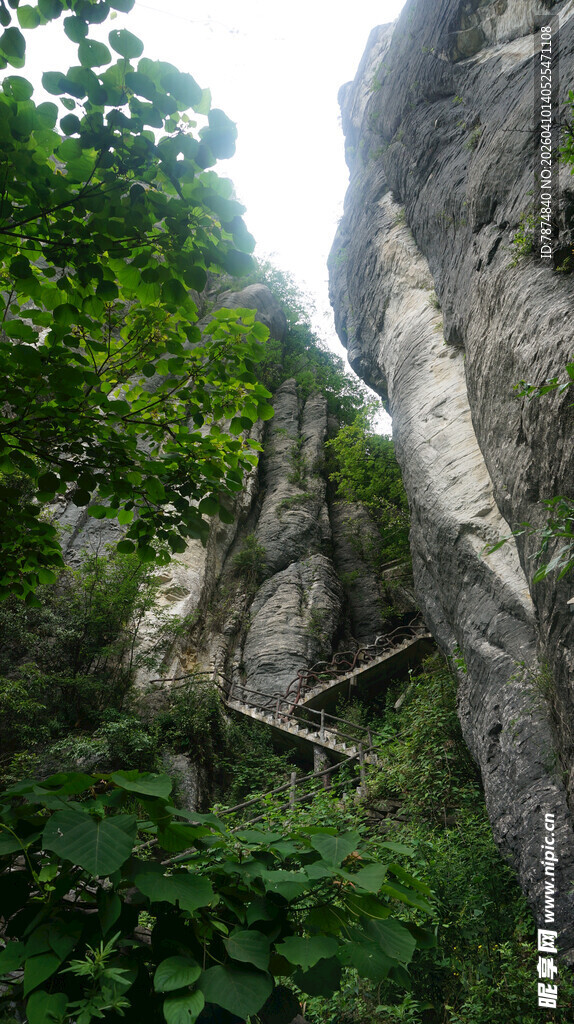 恩施山间陡峭岩石与繁茂绿植