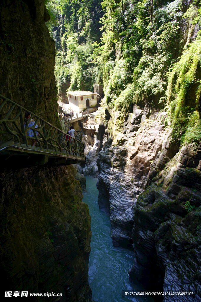 恩施山间幽邃峡谷溪流景观