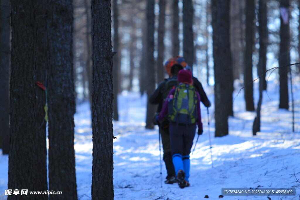 雪地林间徒步者