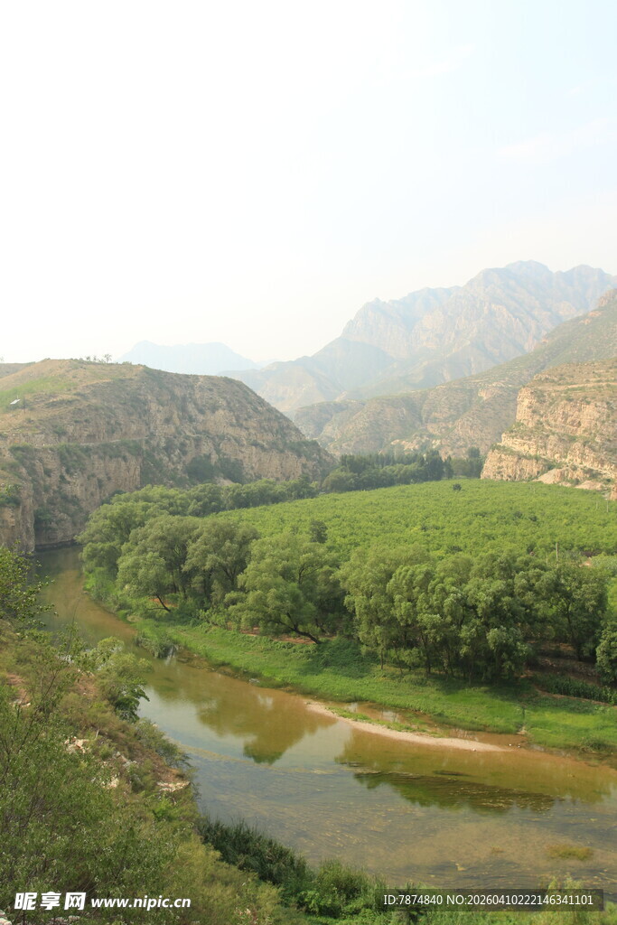 山间河流旁的葱郁景致