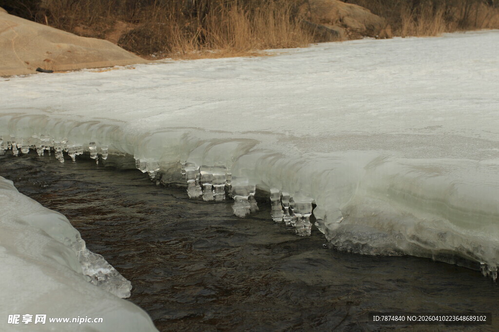 溪边冰雪消融的景象
