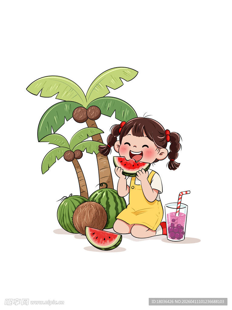 女孩夏日享用西瓜与果汁手绘插画