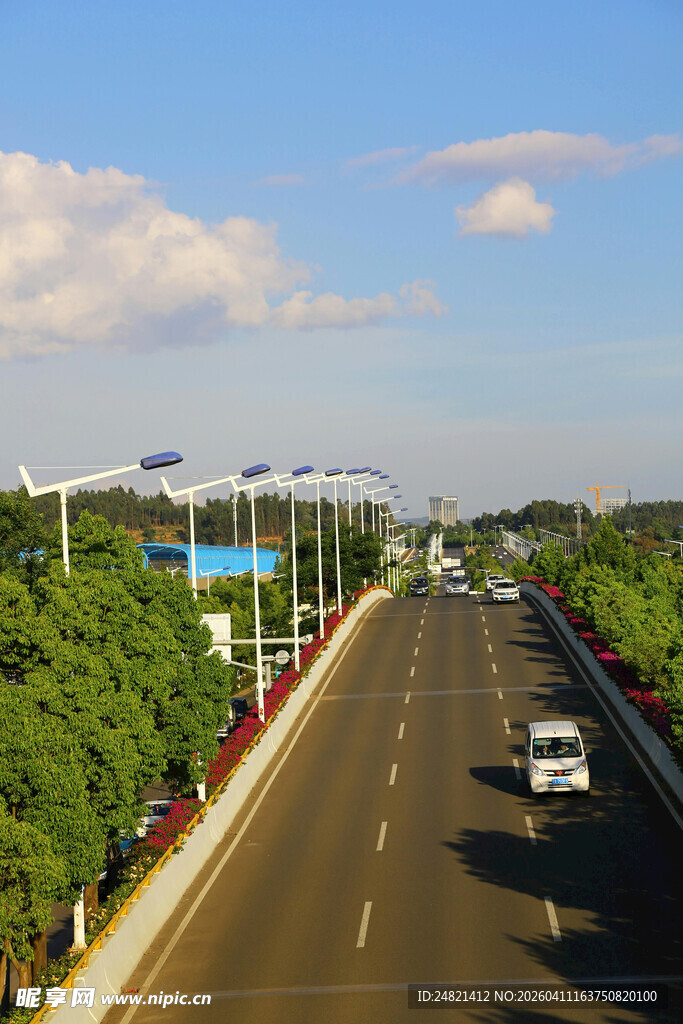 宽阔公路旁绿树蓝天美景