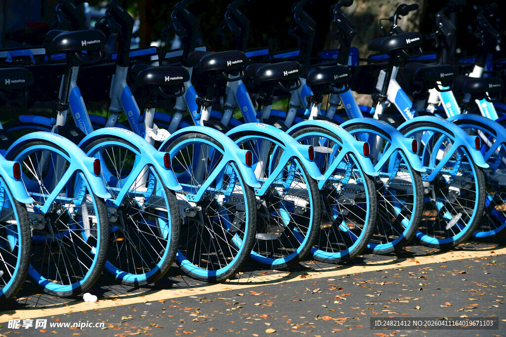 整齐排列的蓝色共享单车