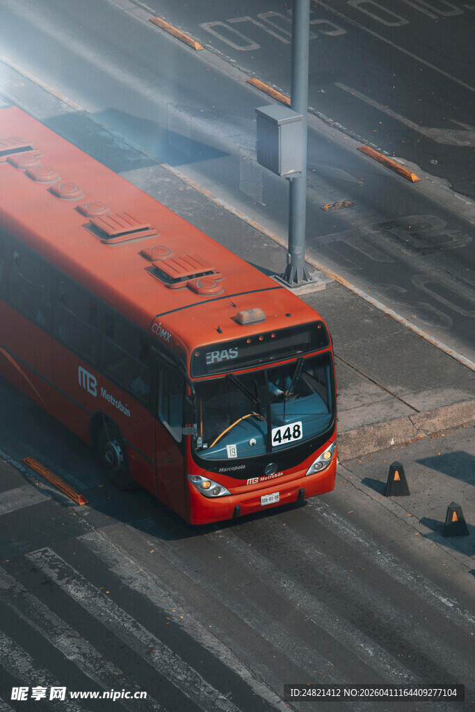 红色公交车行驶在道路上