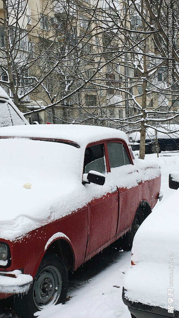 雪中红车覆厚雪