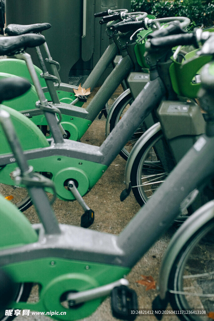 整齐排列的绿色健身自行车