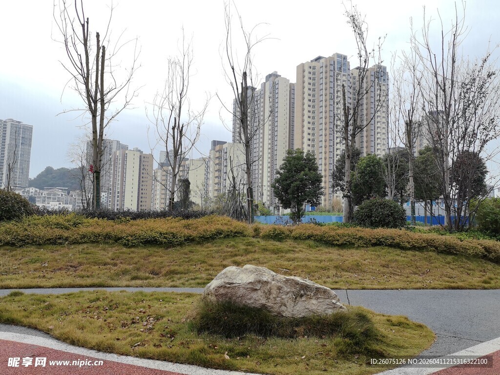 城市公园中的巨石与楼景