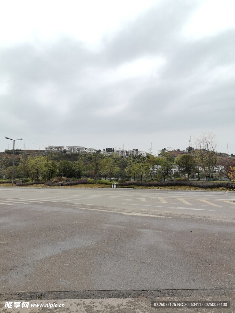 空旷户外场地与远处树木