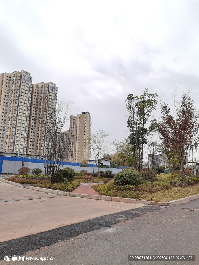 城市住宅区旁的绿化景观