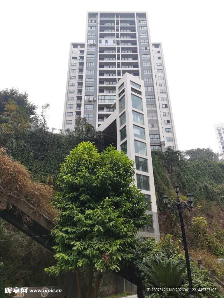 依山而建的高楼与绿植