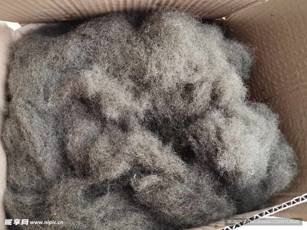 纸箱中的蓬松灰色毛绒