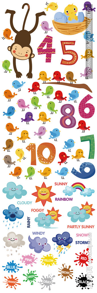 卡通数字小鸟云朵等元素图