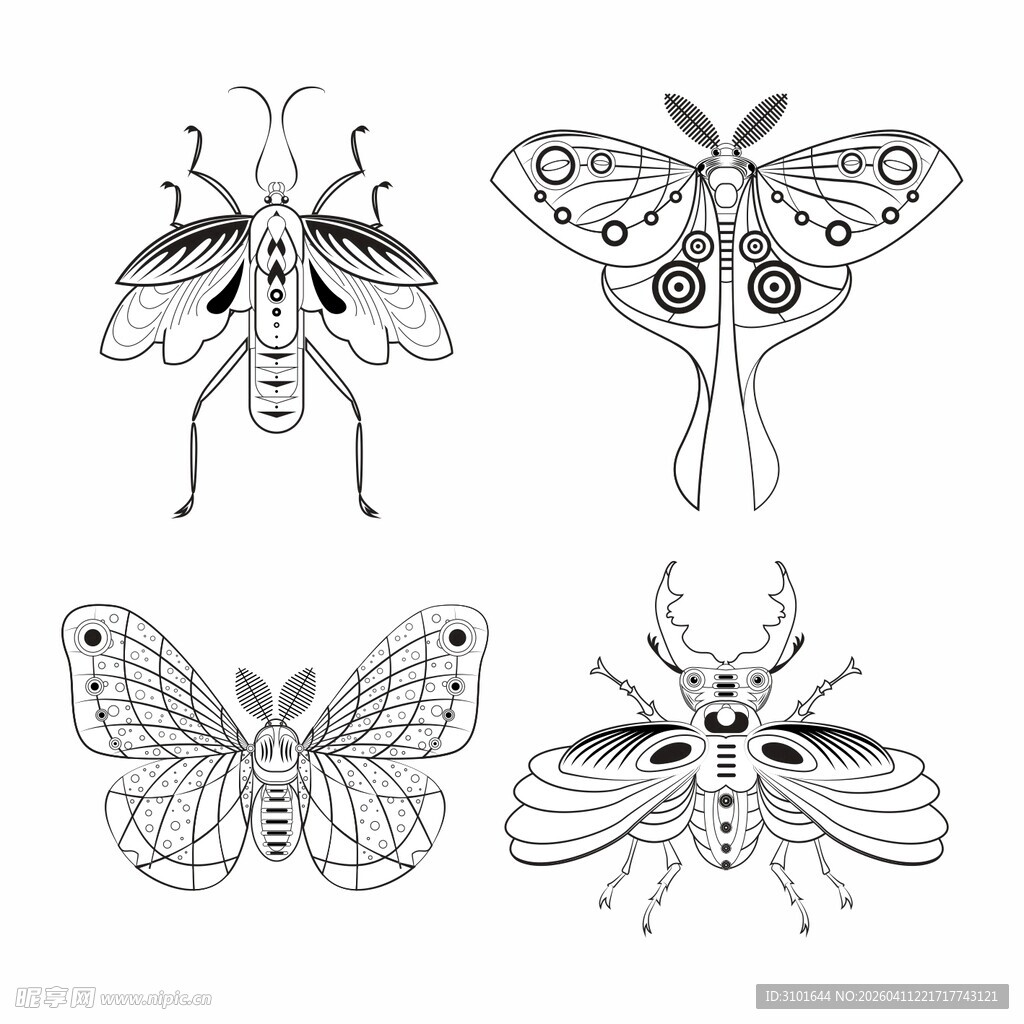 赛博黑色线描昆虫