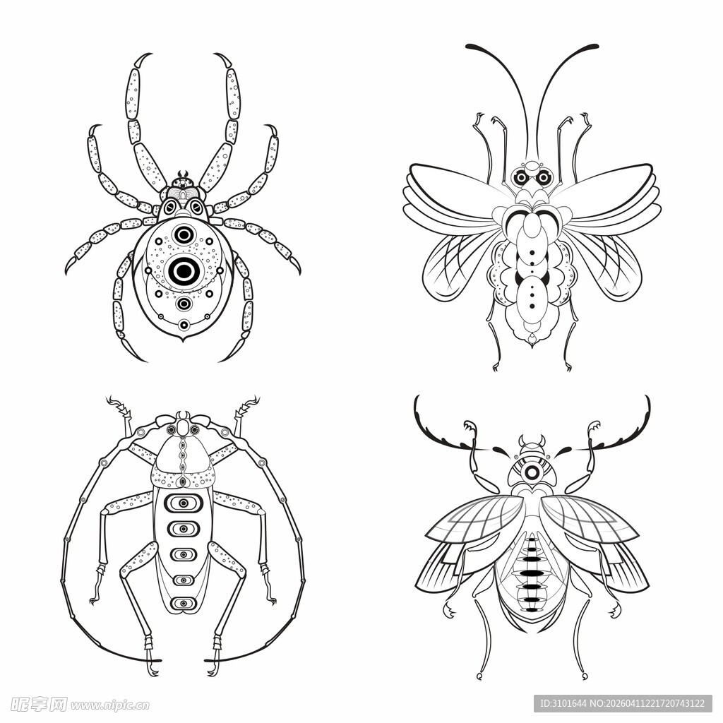 赛博黑色线描昆虫