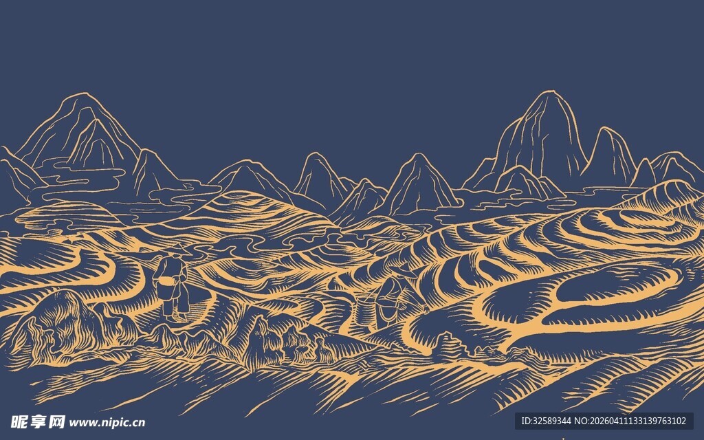 金色山脉蜿蜒线条图案
