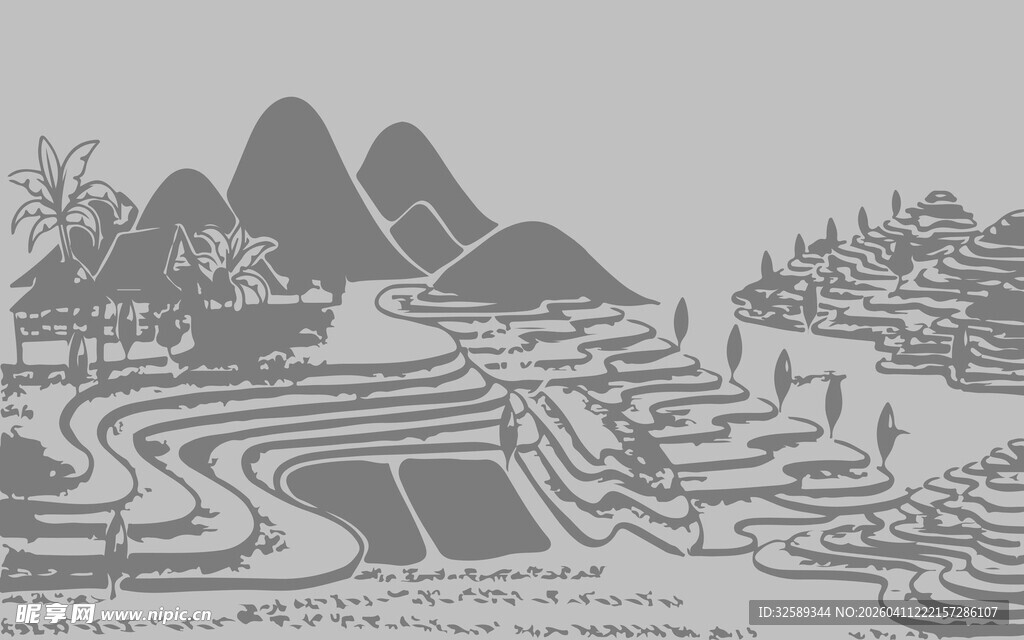 水墨梯田山水田园美景