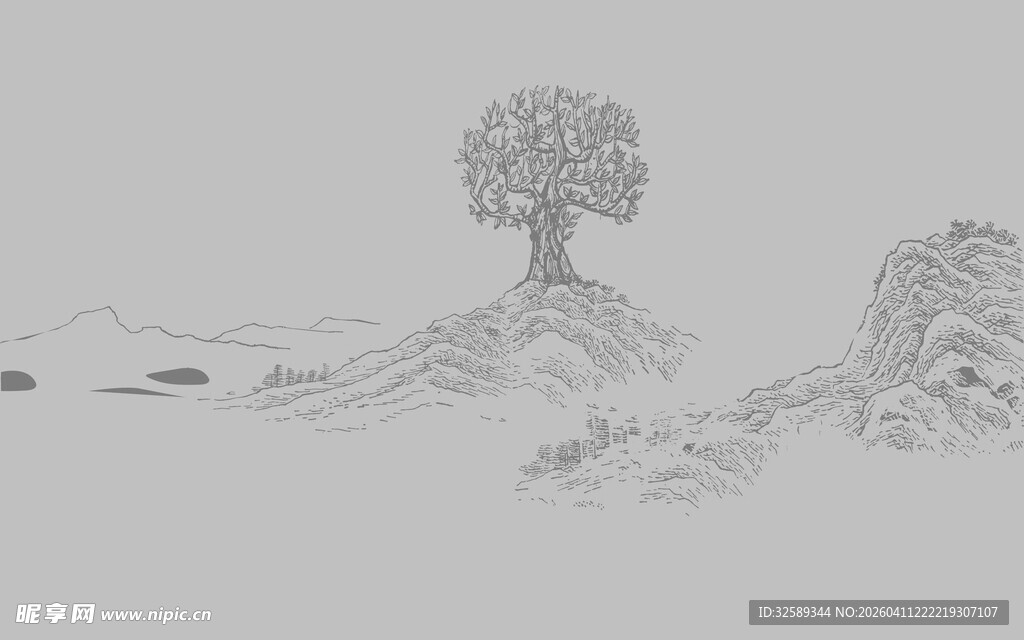 水墨风单棵树木风景图