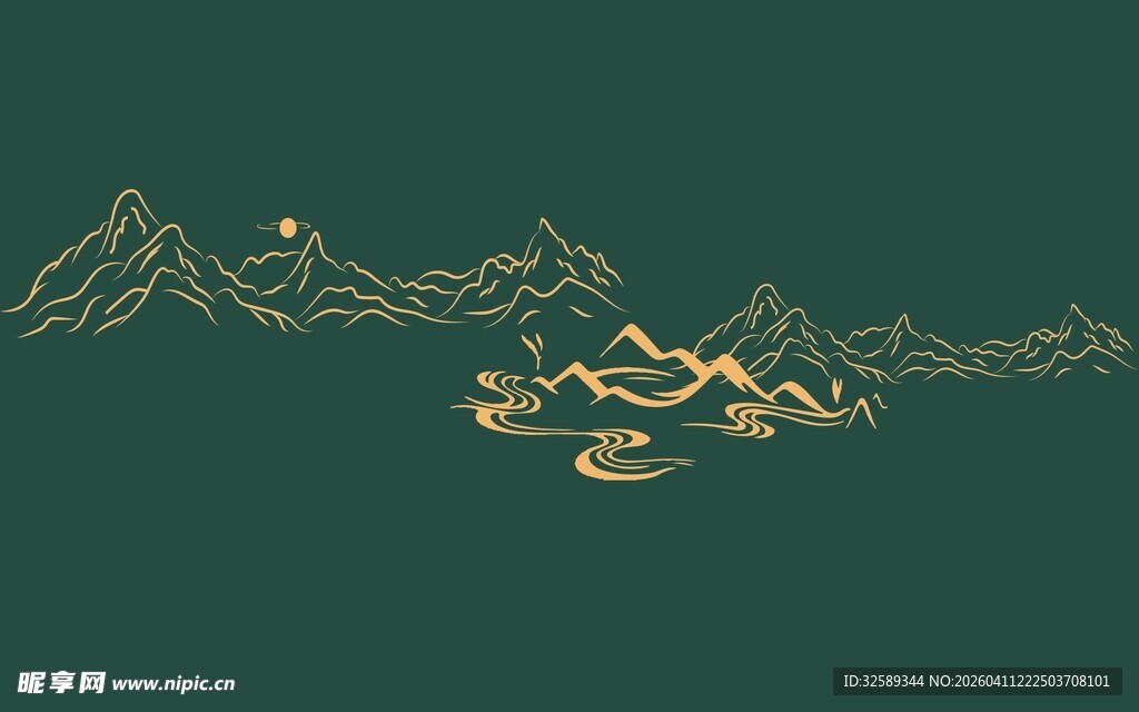 金色山峦中式简约插画