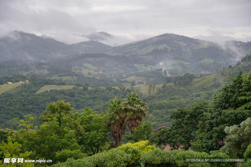 山间云雾缭绕的翠绿景色
