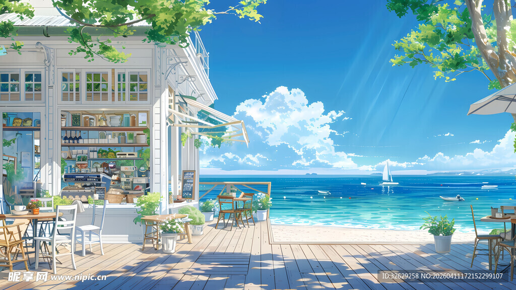 海边清新小店的悠闲景致