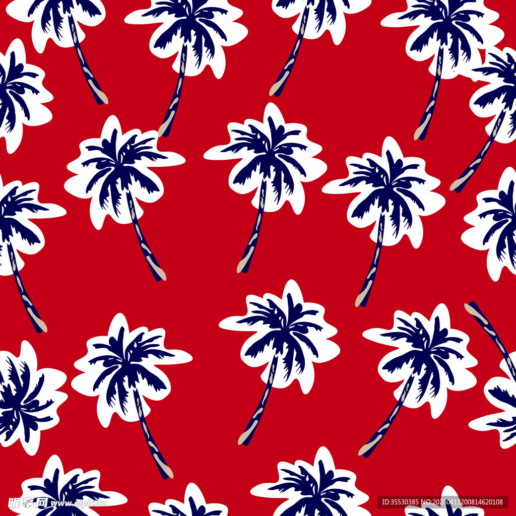 红色背景蓝白棕榈树图案