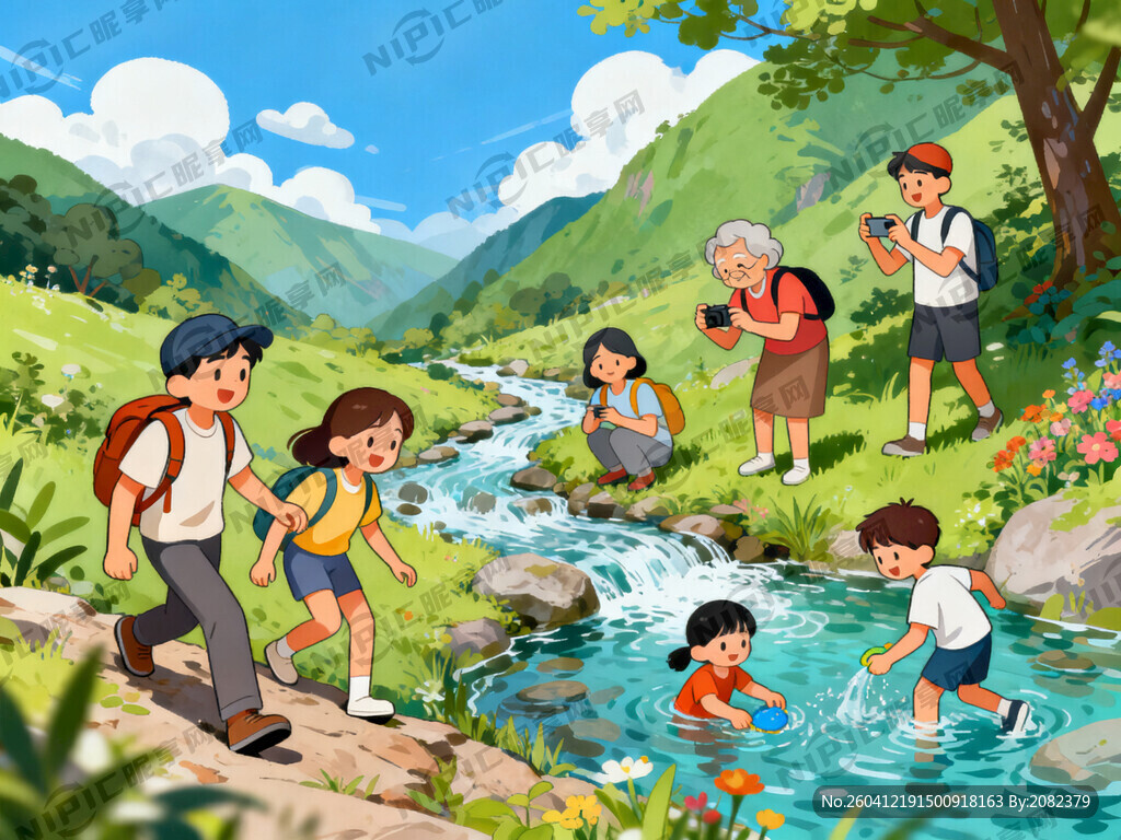 生成一张一群人游山玩水的图片