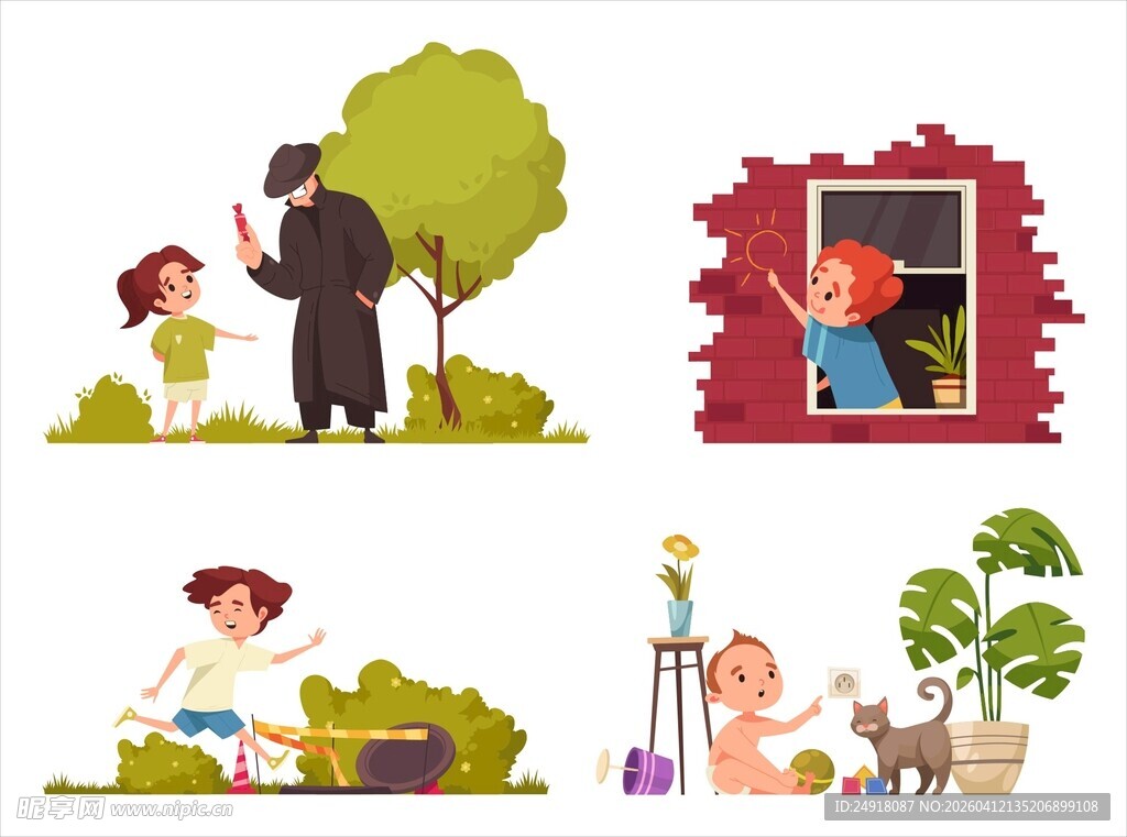 校园安全 危险卡通图标 