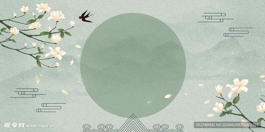 中式古风花鸟圆形背景图