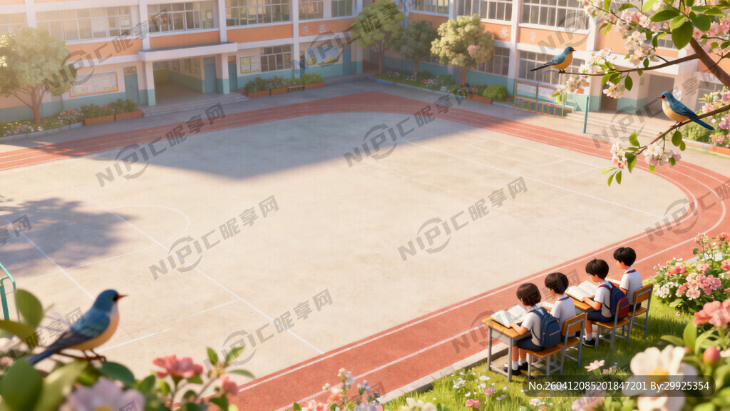 俯瞰小学校园 右下晨读学生