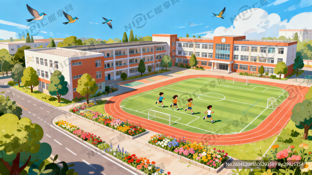 俯瞰校园全景 小鸟翱翔