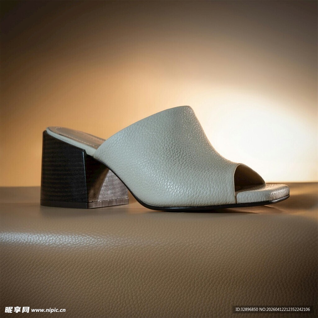 浅灰色粗跟露趾时尚女拖鞋