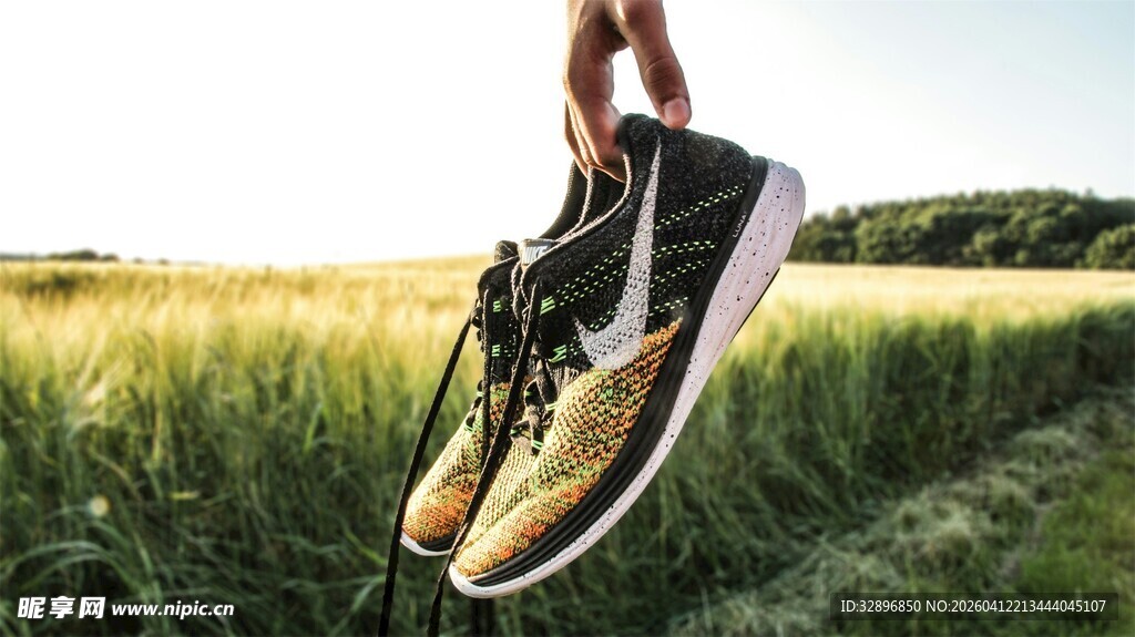 手举运动鞋于绿野之上