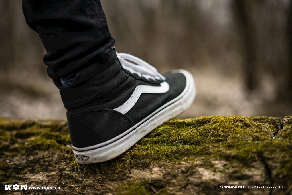 潮鞋踏于长满苔藓的树干上