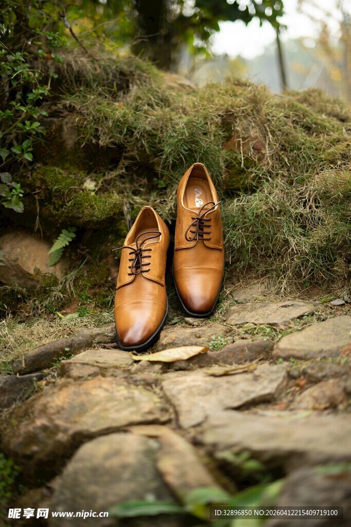 石径上的棕色皮鞋