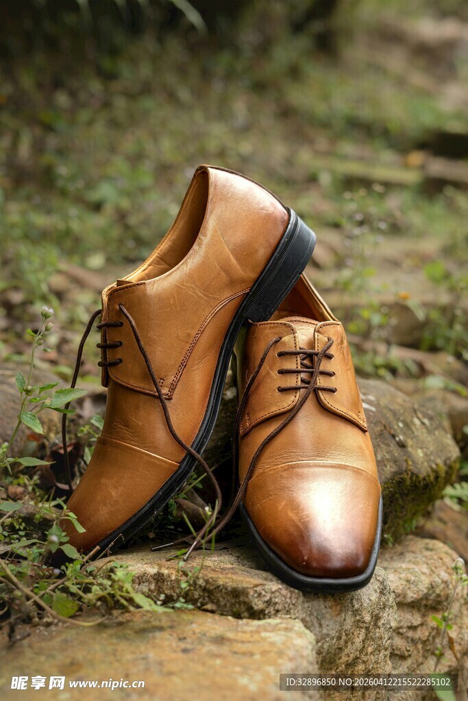 户外棕色皮鞋静置于草地