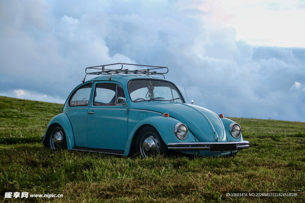 草地上的复古蓝色甲壳虫车