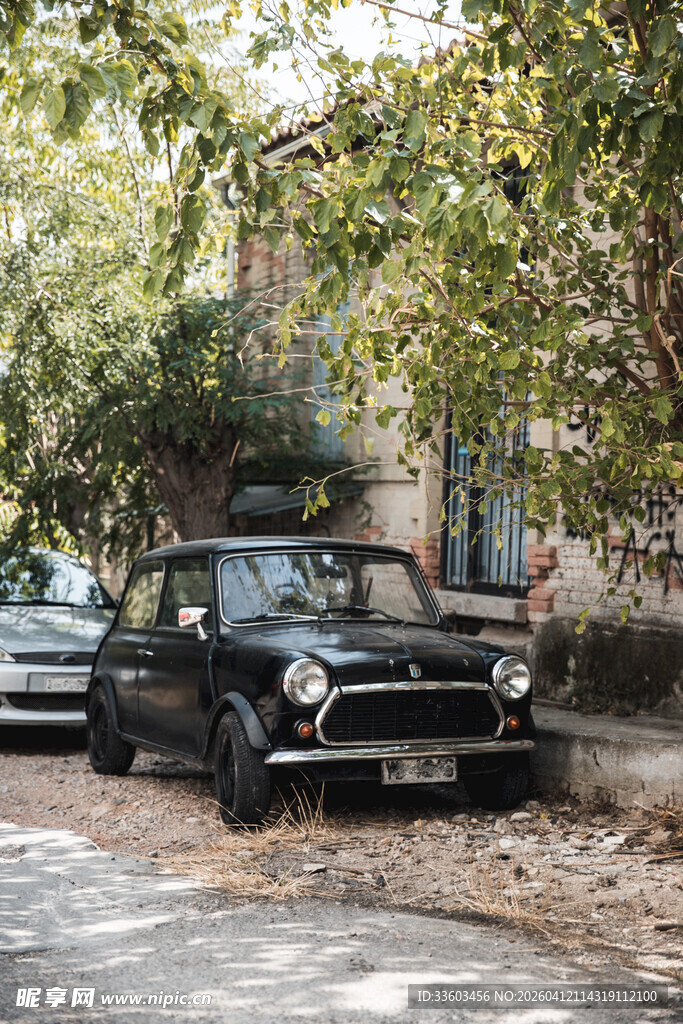 复古汽车停在绿荫街道旁