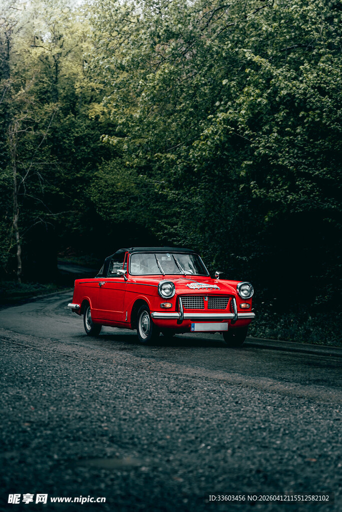 红色轿车行驶在林间小道