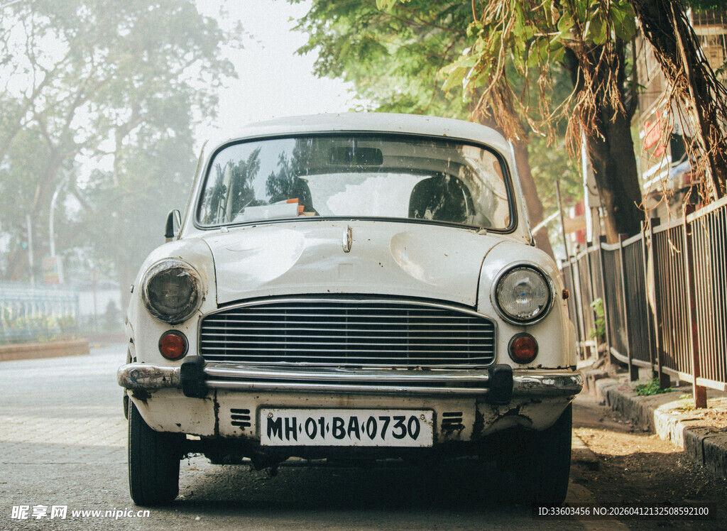复古白色轿车行驶在林荫道