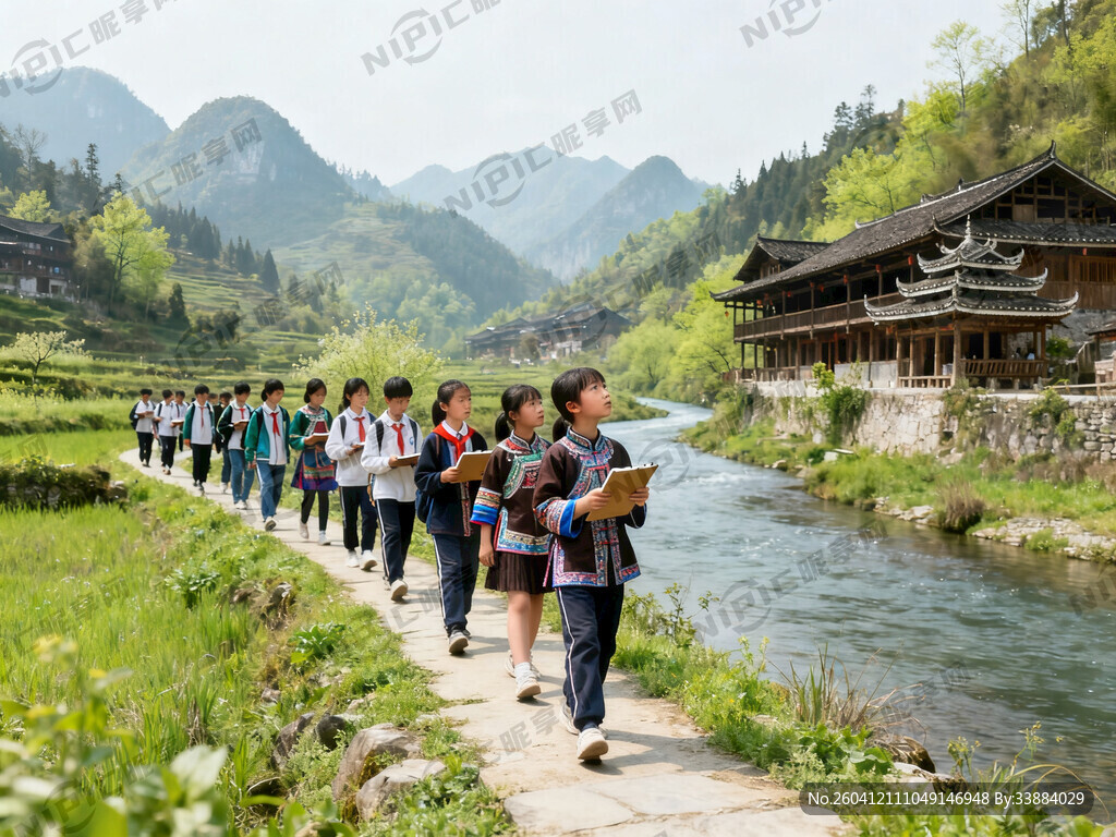 春天学生户外研学路上 要求远山