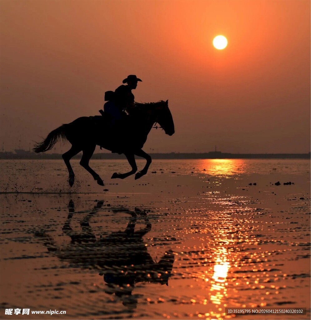 夕阳下策马奔腾的骑手