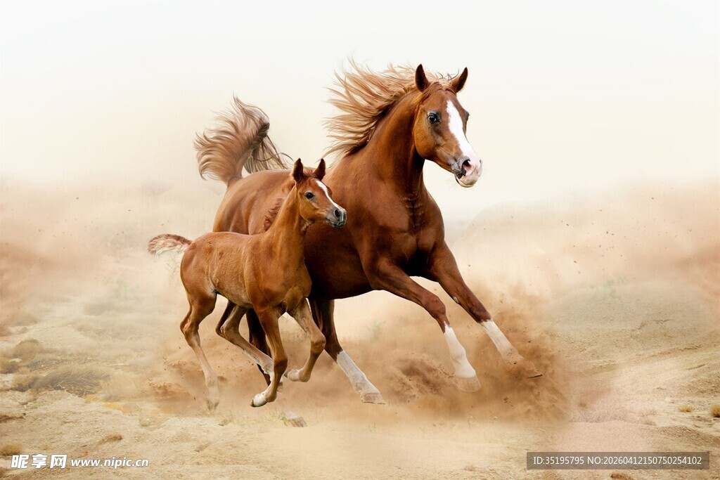 奔腾双马扬起沙尘