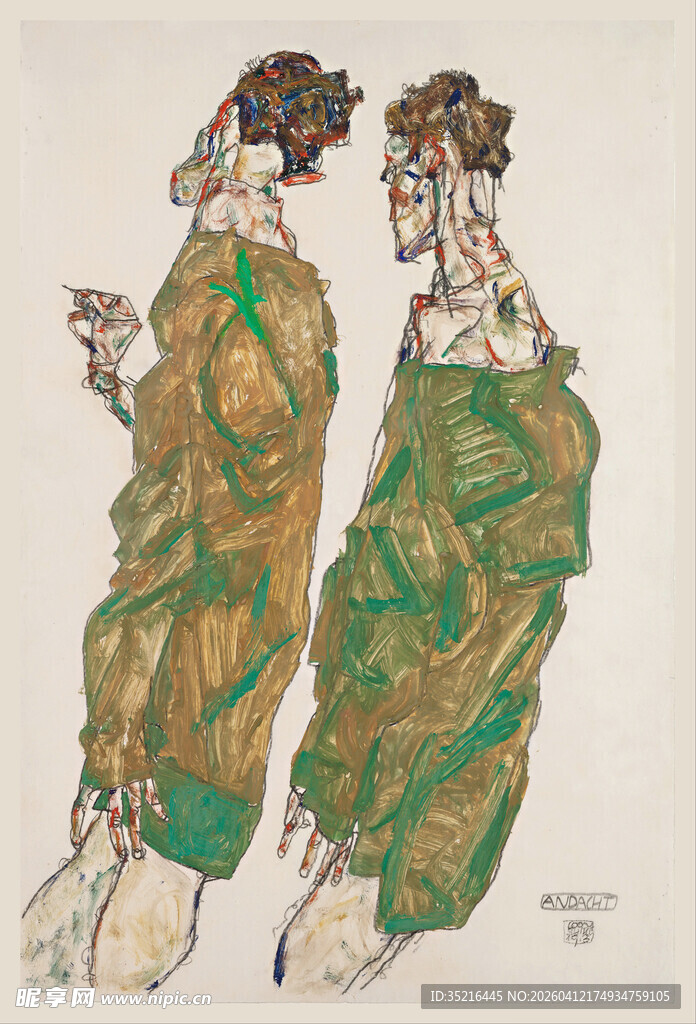复古风格双女子服饰绘画