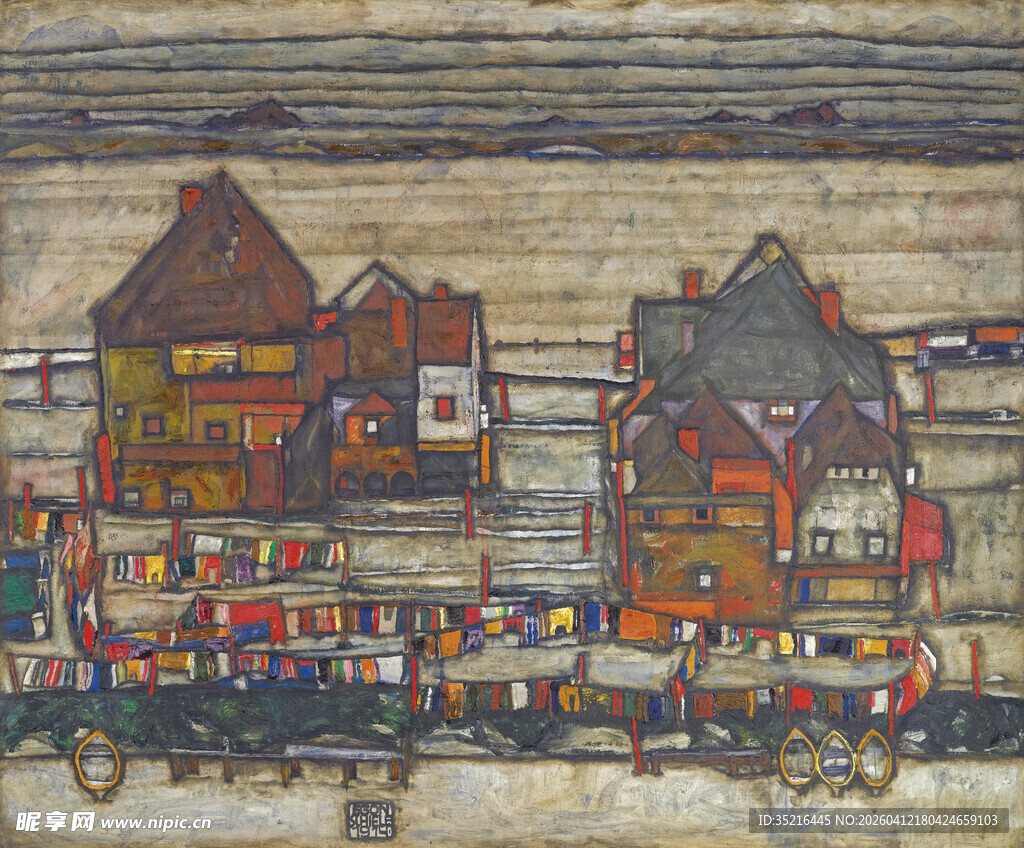 复古风格小镇街景画作