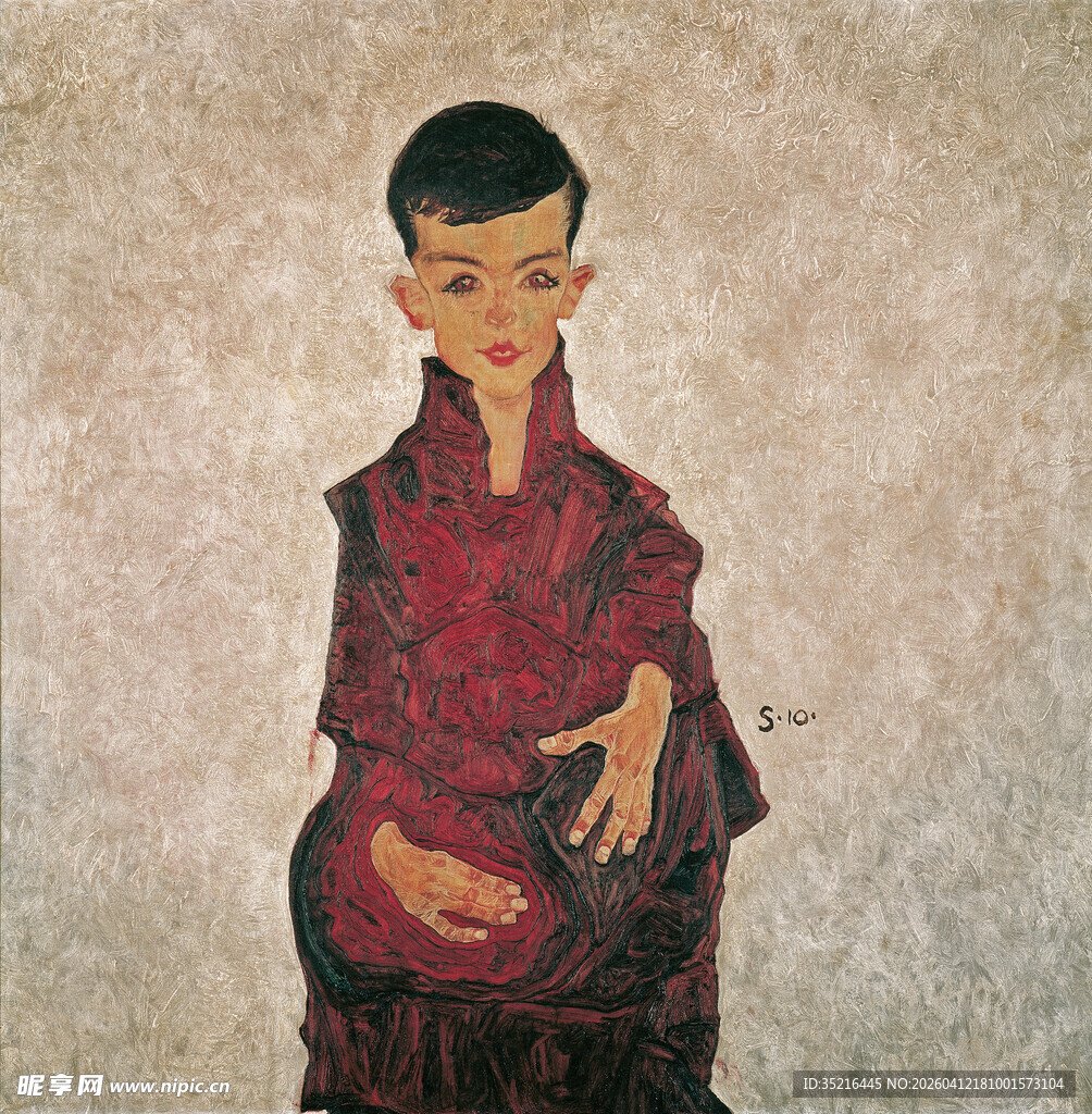 红衣孩童肖像画