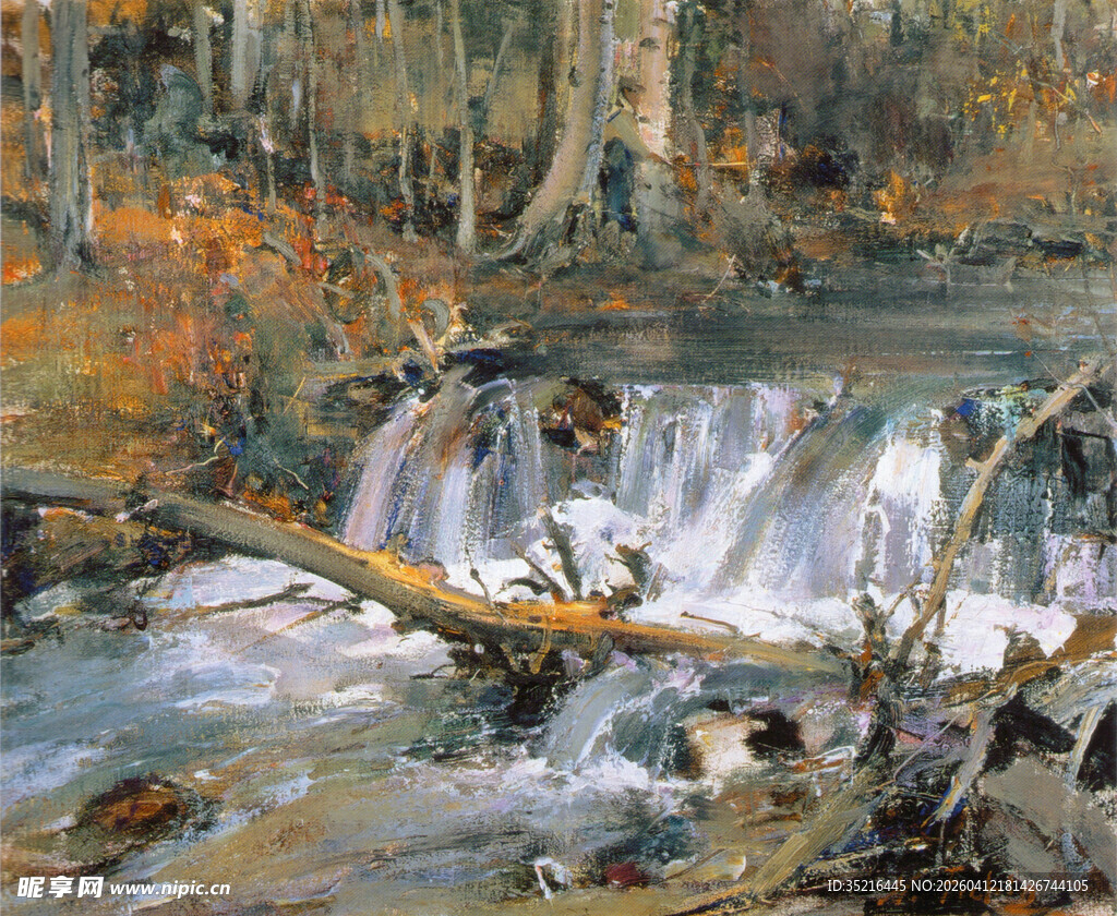 秋日森林中的溪流瀑布景观