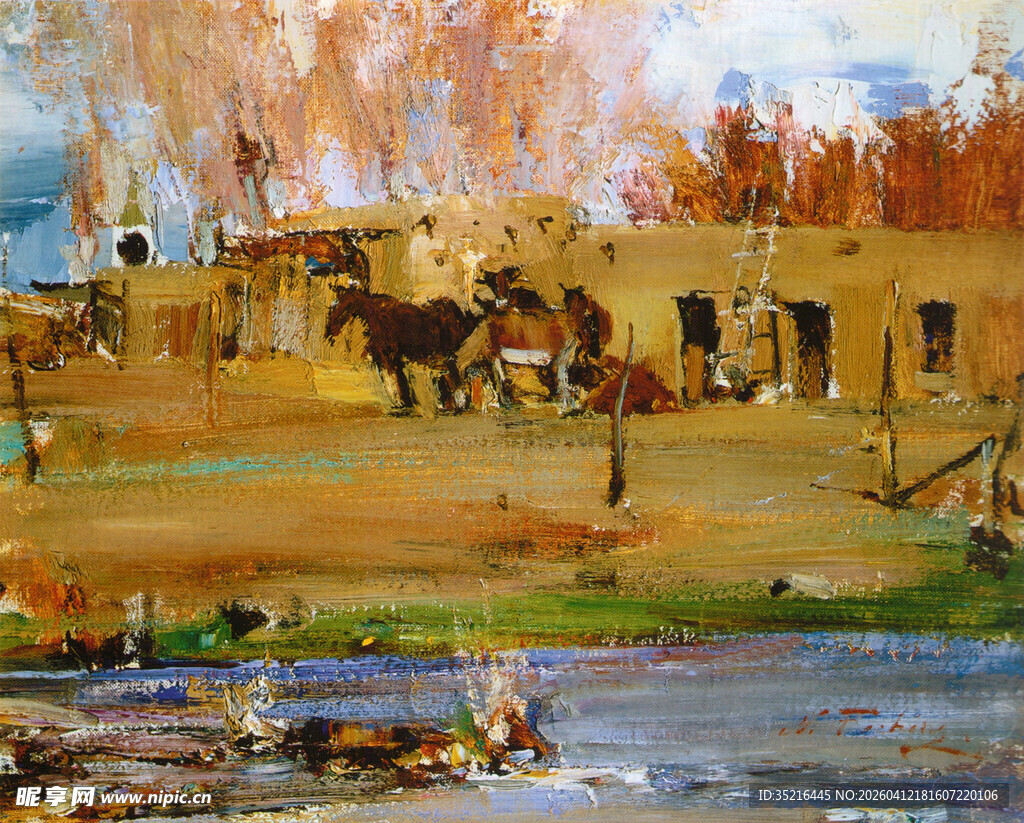 乡村骑马场景油画