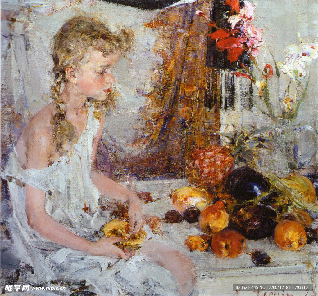 少女与水果静物油画