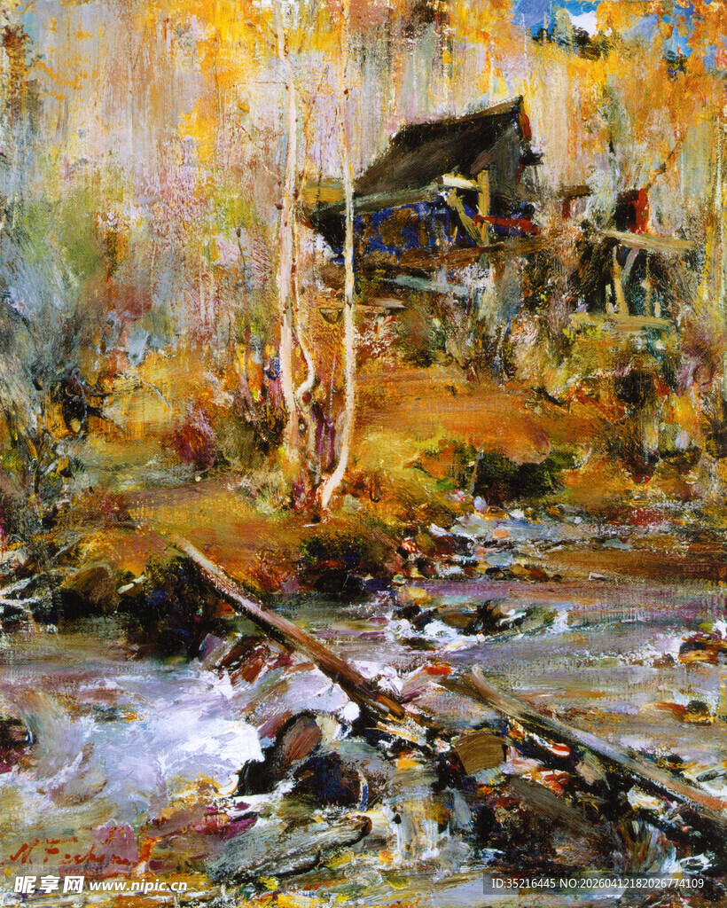 秋日溪边小屋风景